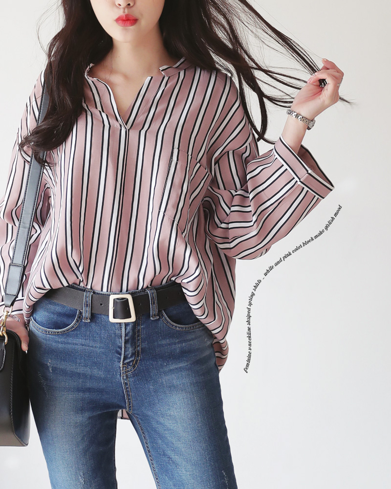 <font color=red><b>○雑誌掲載商品○</b></font>ワイドスリーブVネックストライプブラウス・全3色 | DHOLIC | 詳細画像2