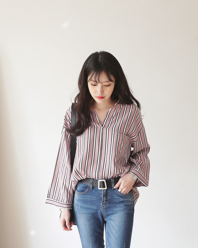 <font color=red><b>○雑誌掲載商品○</b></font>ワイドスリーブVネックストライプブラウス・全3色 | DHOLIC | 詳細画像5