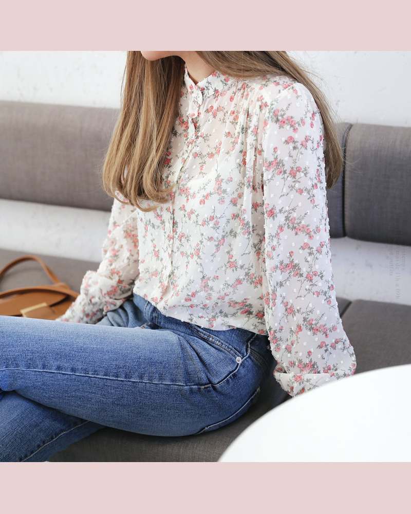 バンドカラーエンボスドットフローラルブラウス・全2色 | DHOLIC | 詳細画像11