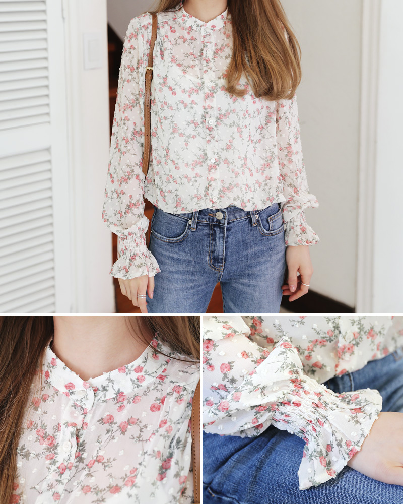 バンドカラーエンボスドットフローラルブラウス・全2色 | DHOLIC | 詳細画像9