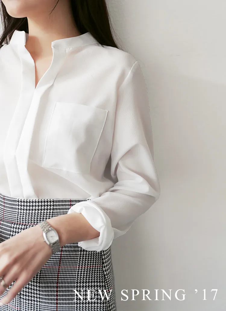 <font color=red><b><人気商品再入荷></b></font>バンドカラーネックスリットブラウス・全4色 | DHOLIC | 詳細画像1