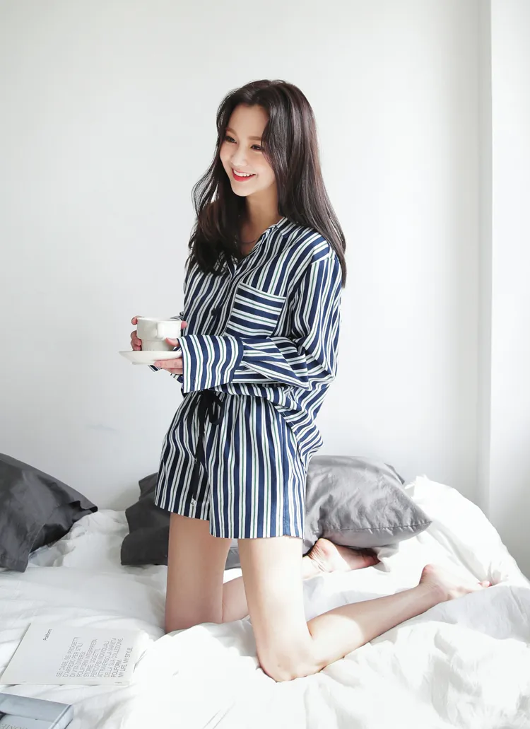 ストライプオープンカラーパジャマシャツ&ショートパンツSET・全2色 | DHOLIC | 詳細画像1