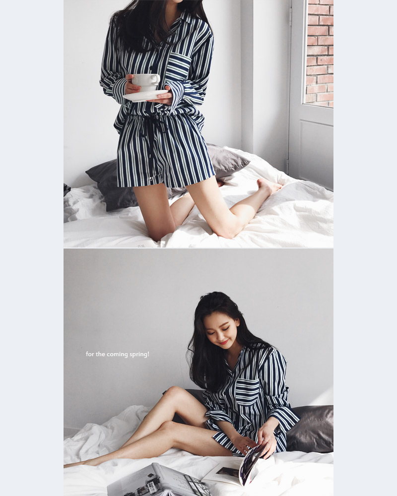 ストライプオープンカラーパジャマシャツ&ショートパンツSET・全2色 | DHOLIC | 詳細画像15