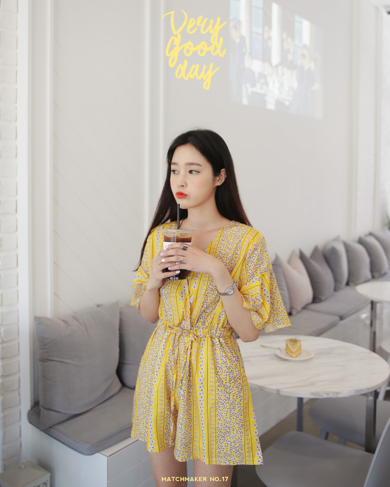 暖色系 ショートラッフルスリーブオールインワン | climathon.pl