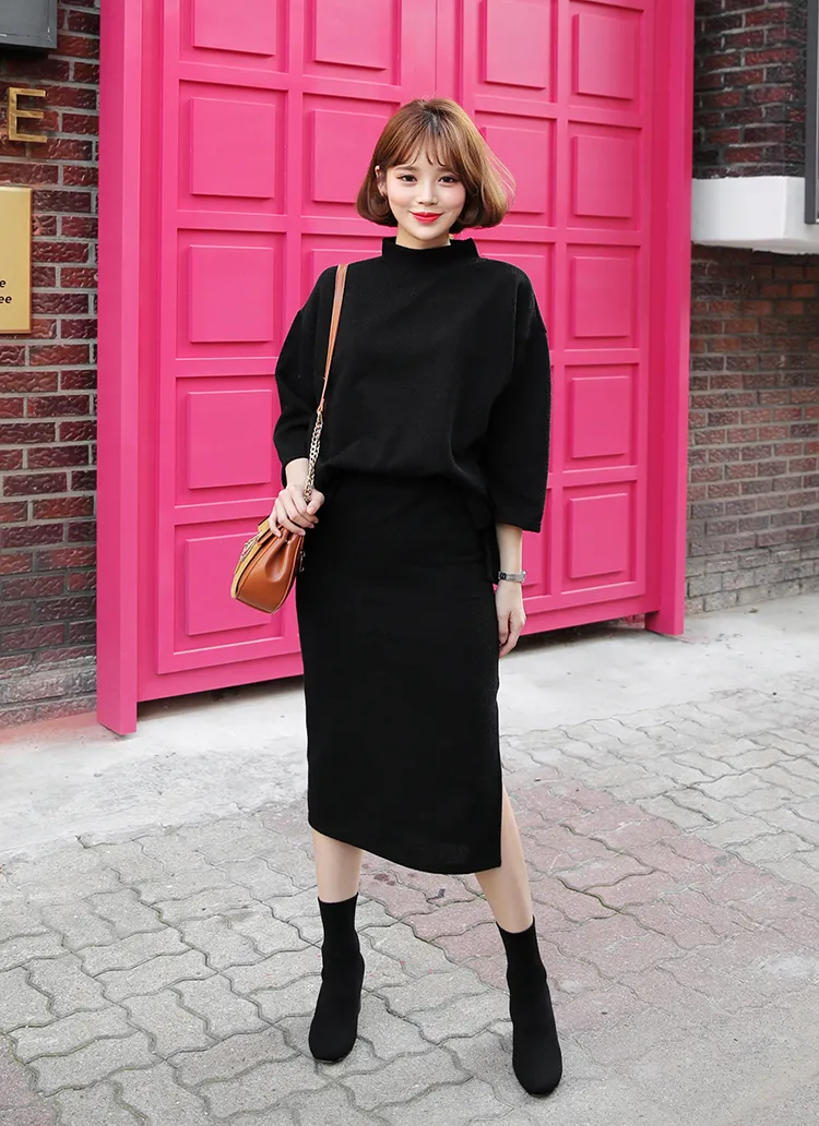 モックネックTシャツ&スリットタイトスカートSET・全2色 | DHOLIC | 詳細画像1