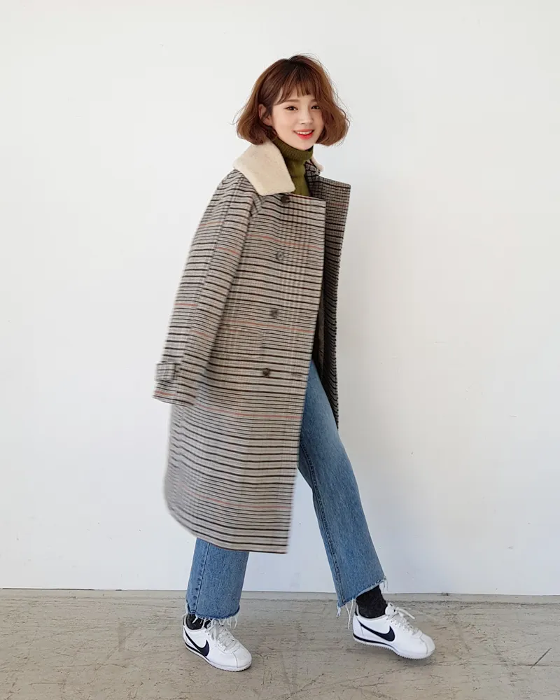ボアカラーチェックダブルコート・全3色 | レディースファッション通販  