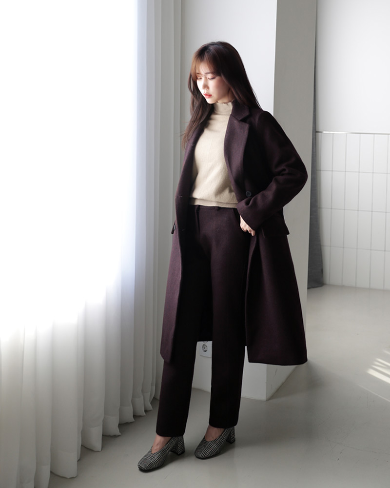 ダブルブレストロングコート&ハイウエストスラックスSET・全2色