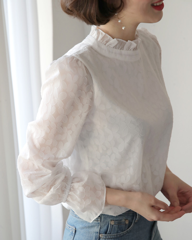 フリルネックパターンシアーブラウス・全2色 | DHOLIC | 詳細画像3