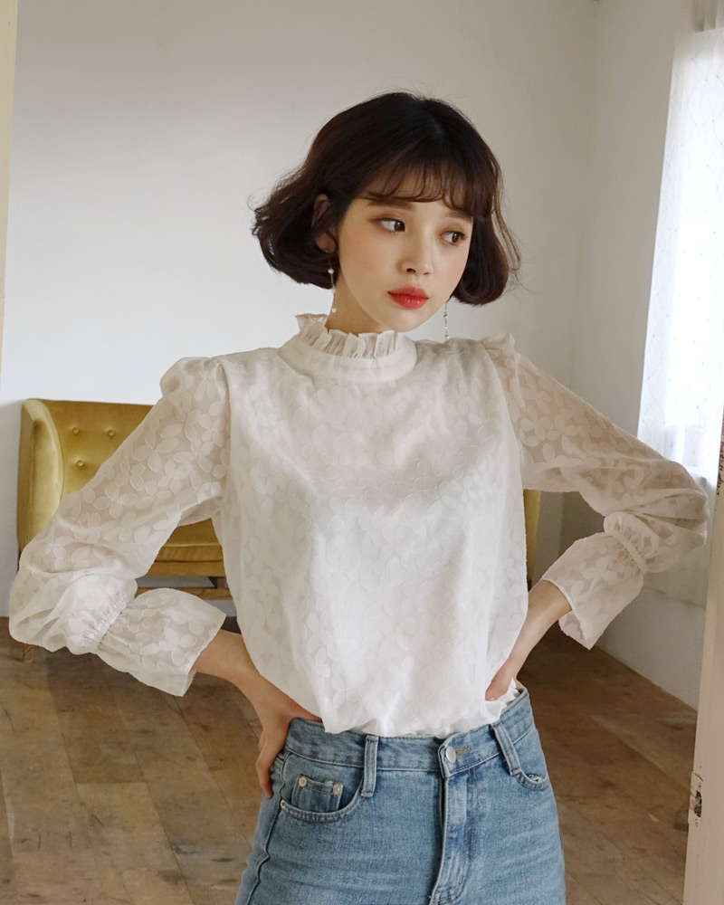 フリルネックパターンシアーブラウス・全2色 | DHOLIC | 詳細画像9