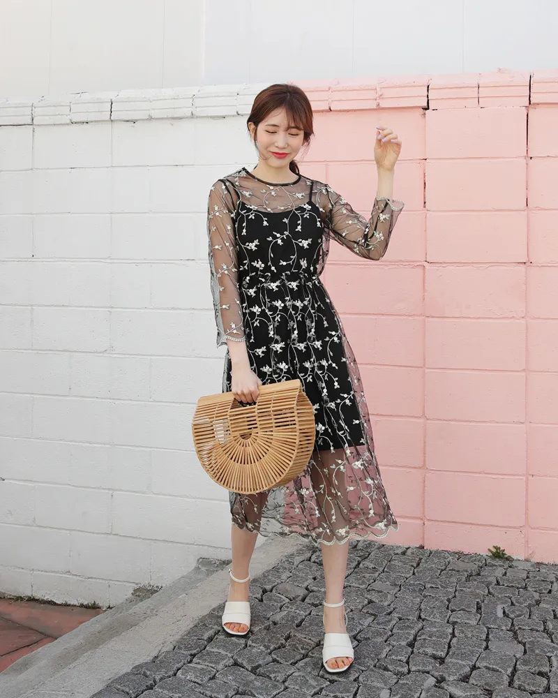 スリップSET花柄刺繍ワンピース・全3色 | レディースファッション通販  