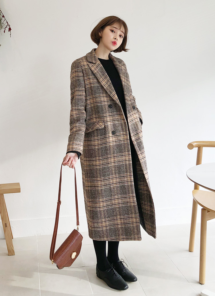 【新品】サイズFree♡DHOLIC♡ チェックパフダブルボタンコート チェックダブルボタンロングコート・全3色 | レディース