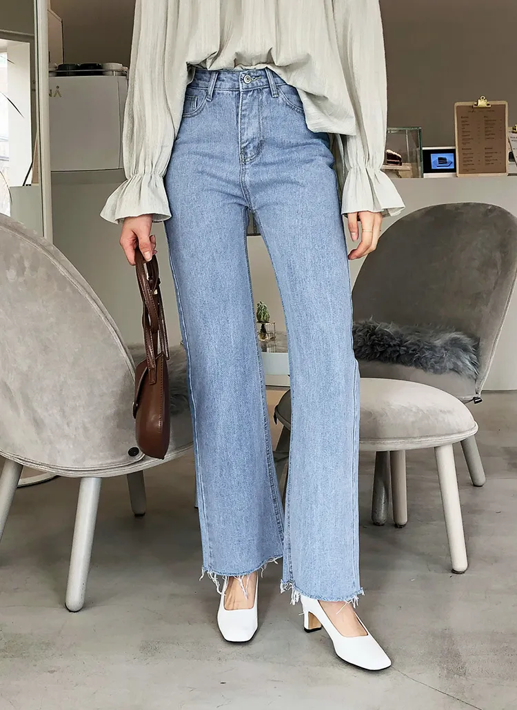 ハイウエストカットオフストレートデニムパンツ・全2色 | レディース 