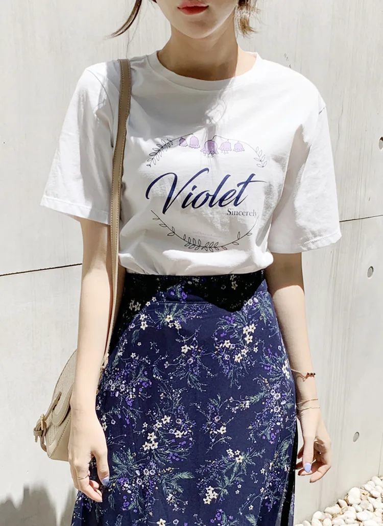violetフラワーイラスト半袖Tシャツ | mimi&didi | 詳細画像1