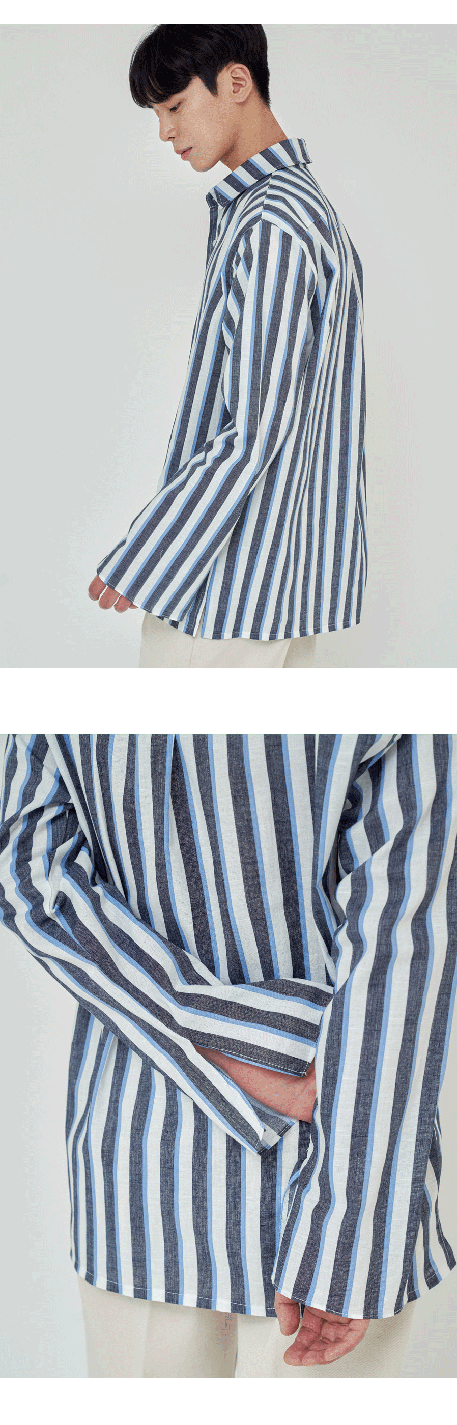 リネンミックス配色ストライプシャツ(ブルー) | 詳細画像4