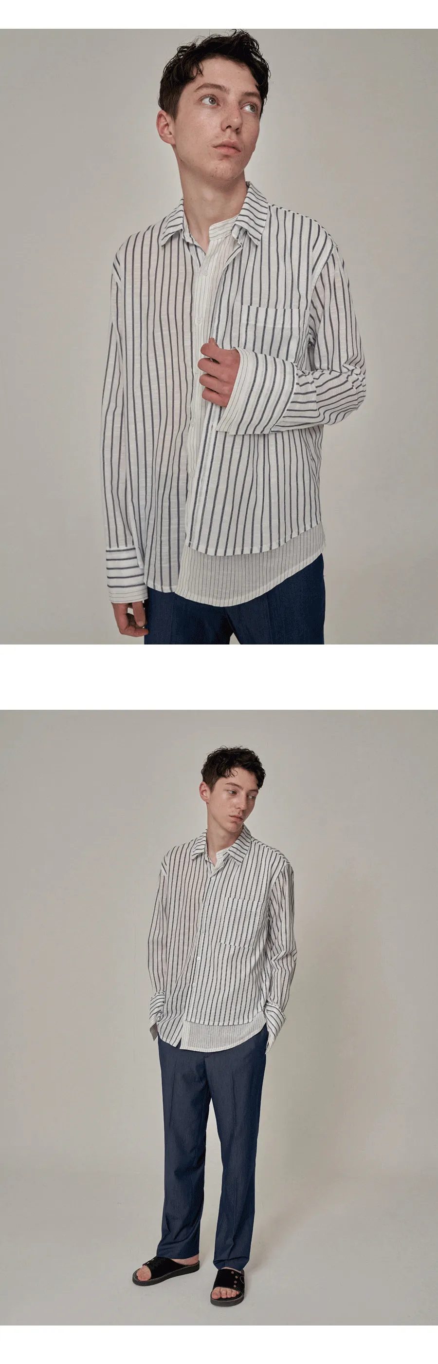 リネン混レイヤードストライプシャツ(ホワイト) | 詳細画像3