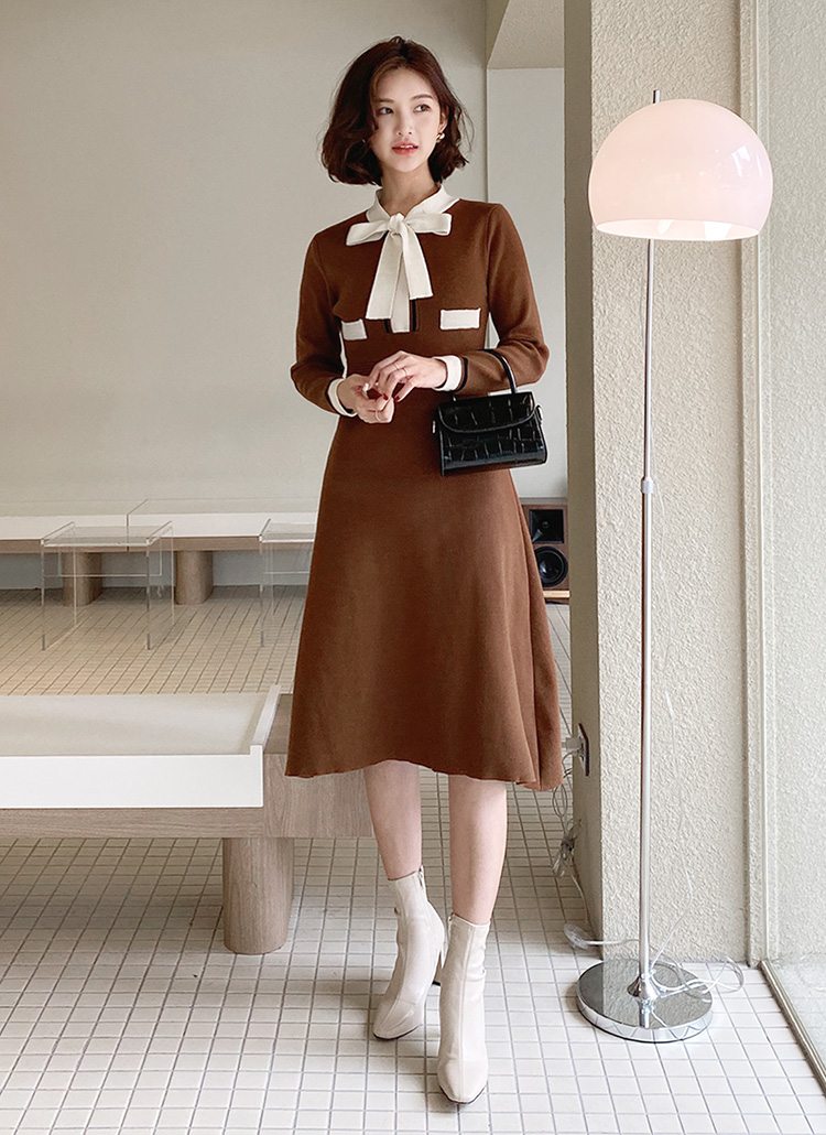 配色リボンニットワンピース 全3色 レディースファッション通販 Dholic