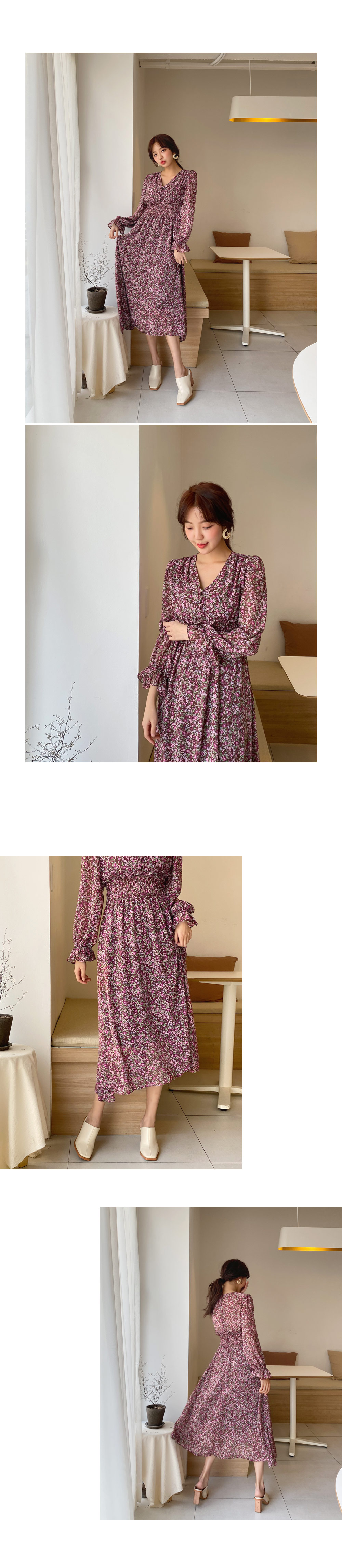 花柄 ワンピース フェミニン ウエストシャーリング 上品 全2色 胸元 シャーリング ワンピース 花柄 全2色 肩フリル
