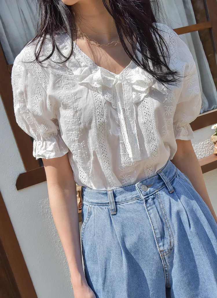 リボンパンチングコットンブラウス | everynana | 詳細画像1