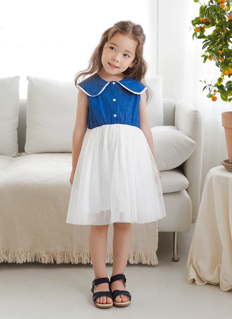 ワイドカラーチュール切替ワンピース(ブルー) | 詳細画像1