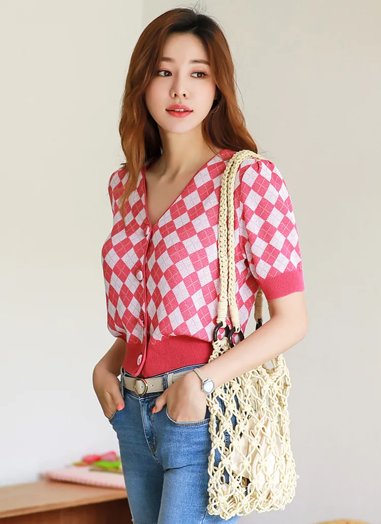 アーガイルチェック半袖カーディガン | styleonme | 詳細画像1