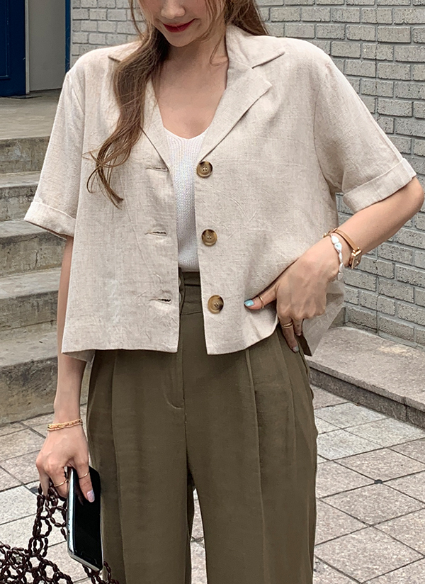 リネン混シングルクロップドジャケット