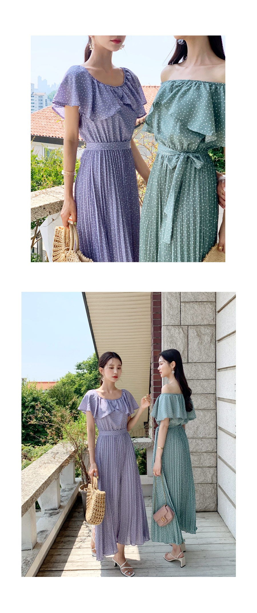 ストラップ付ドットプリーツワンピース・全3色 | レディース