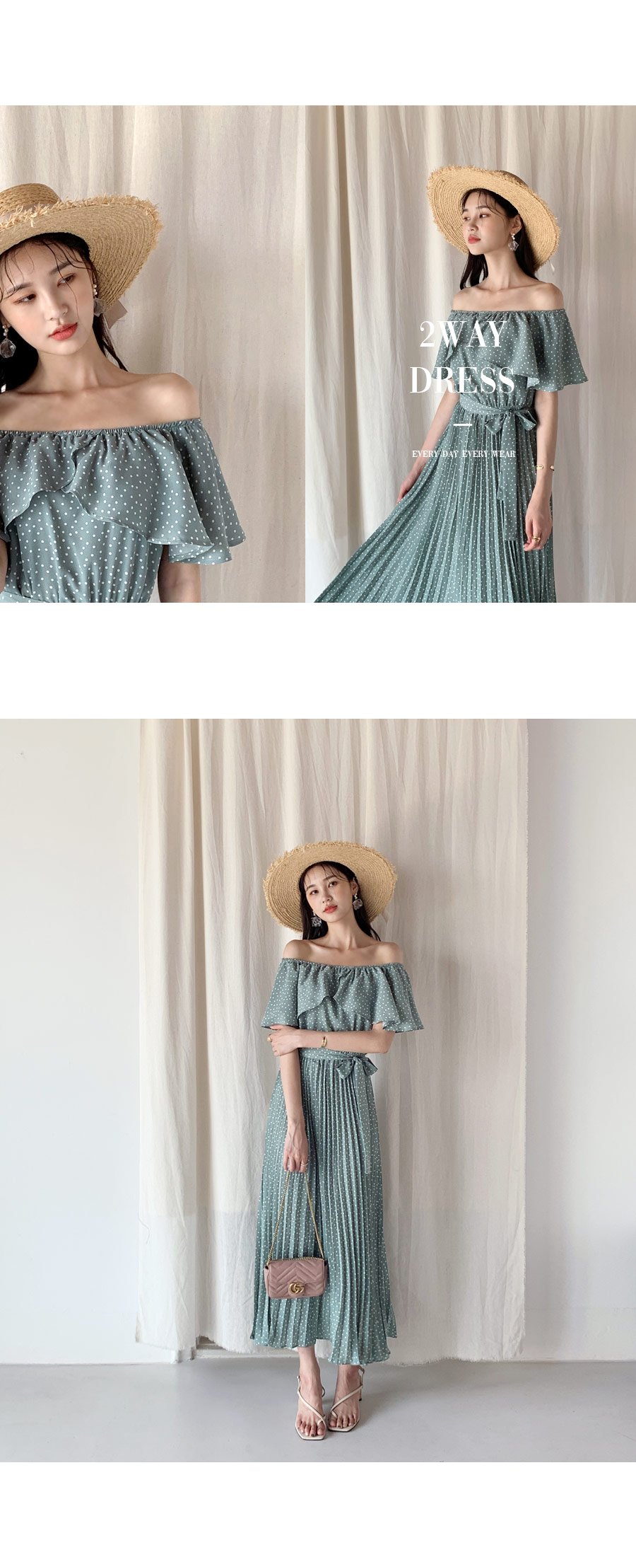 ストラップ付ドットプリーツワンピース・全3色 | レディース