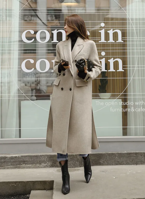 ウール混ダブルブレストロングコート | レディースファッション通販  