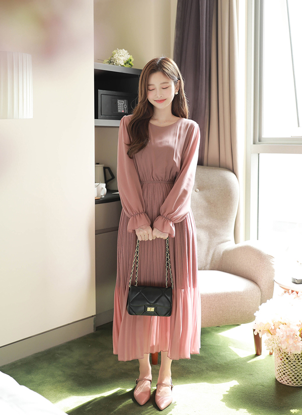 パフスリーブラウンドネックプリーツロングシフォンワンピース春秋冬 ワンピース ロングワンピース Fiona フィオナ ファッション総合通販 Dholic