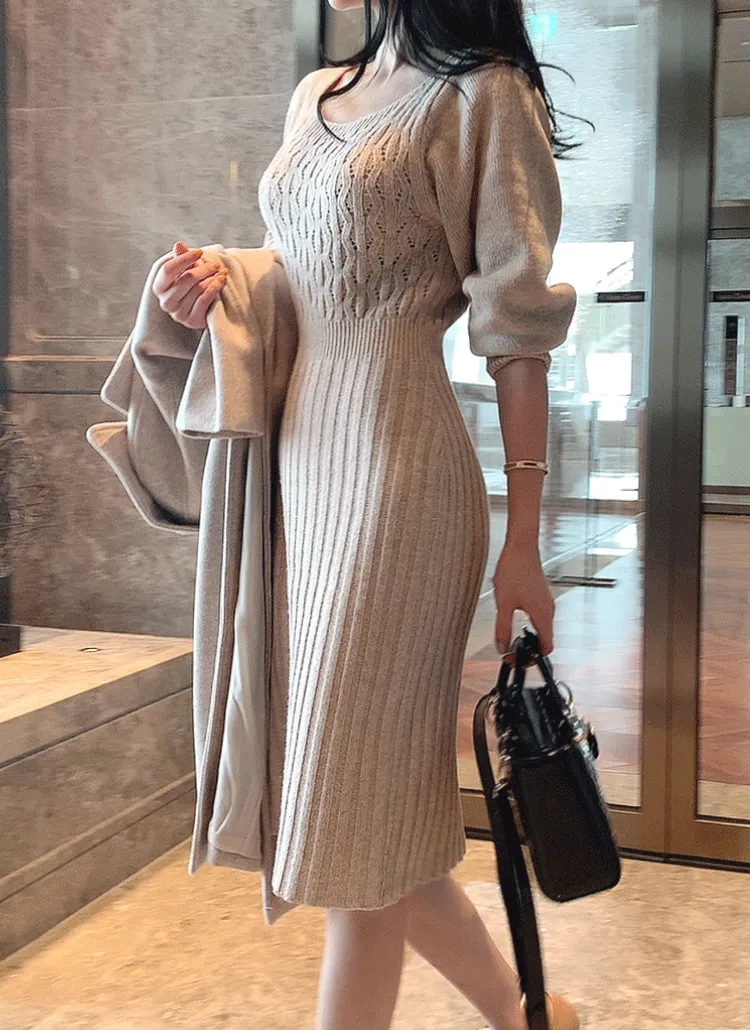 ウール混ウェーブラインニットワンピース | レディースファッション  