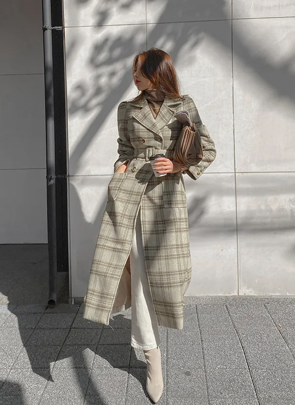 ベルト付チェックロングコート | レディースファッション通販 - DHOLIC