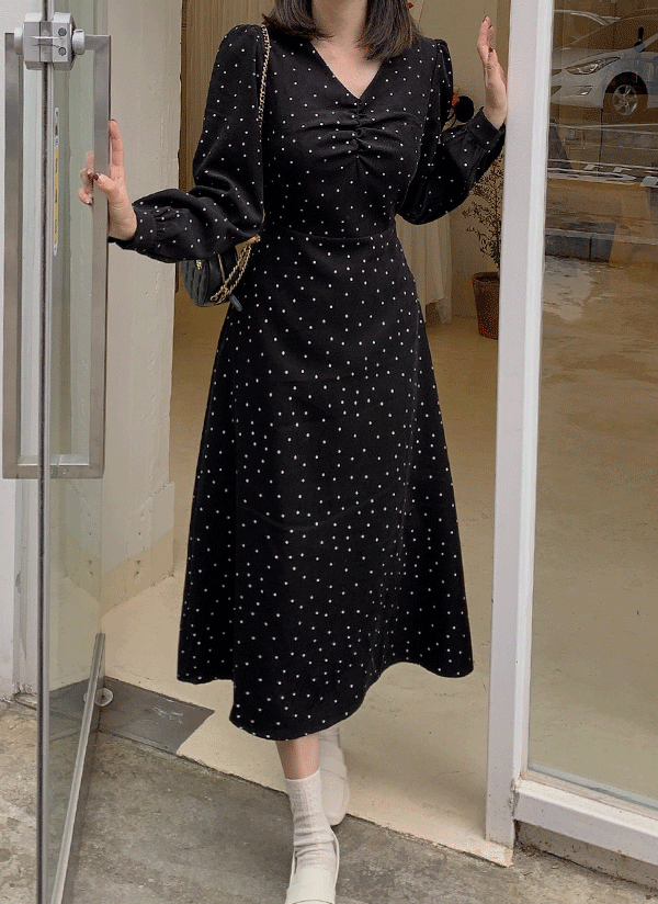 Vネックシャーリングドットワンピース水玉フレア春秋冬 ワンピース ロングワンピース Ririnco リリエンコ ファッション総合通販 Dholic