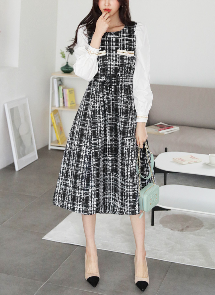 ベルト付ツイードワンピース・全1色 | レディースファッション通販