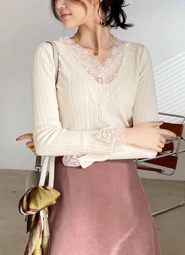 レーススリムVネックニット・全3色 | DHOLIC | 詳細画像1