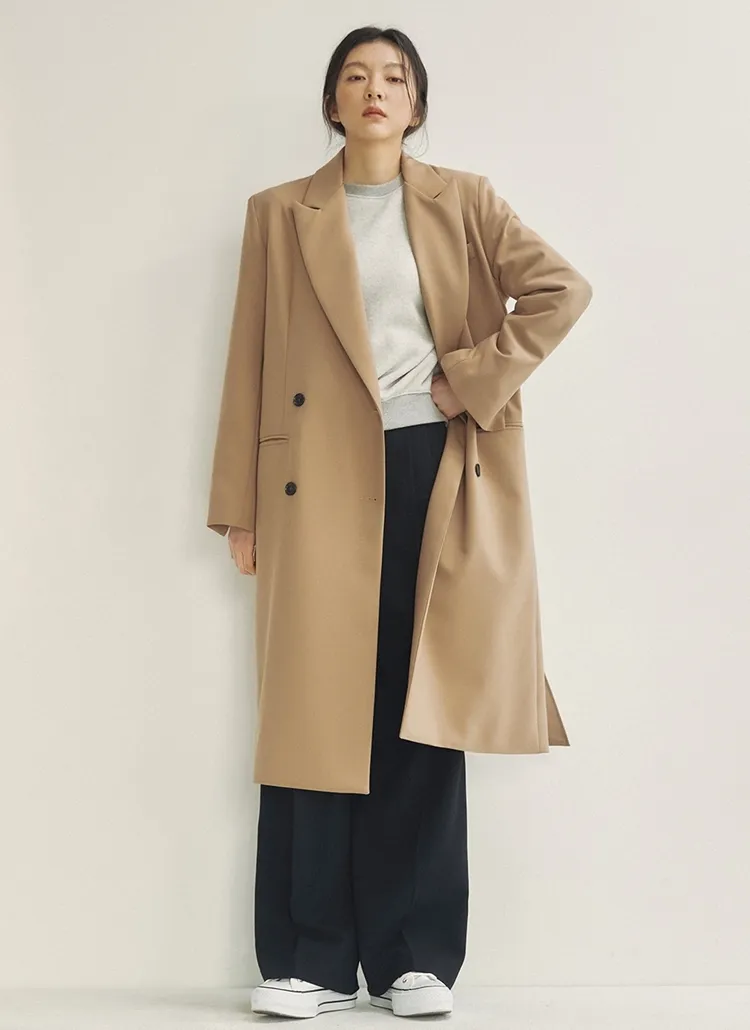ベルト付ダブルボタンロングコート(ベージュ) | レディース  