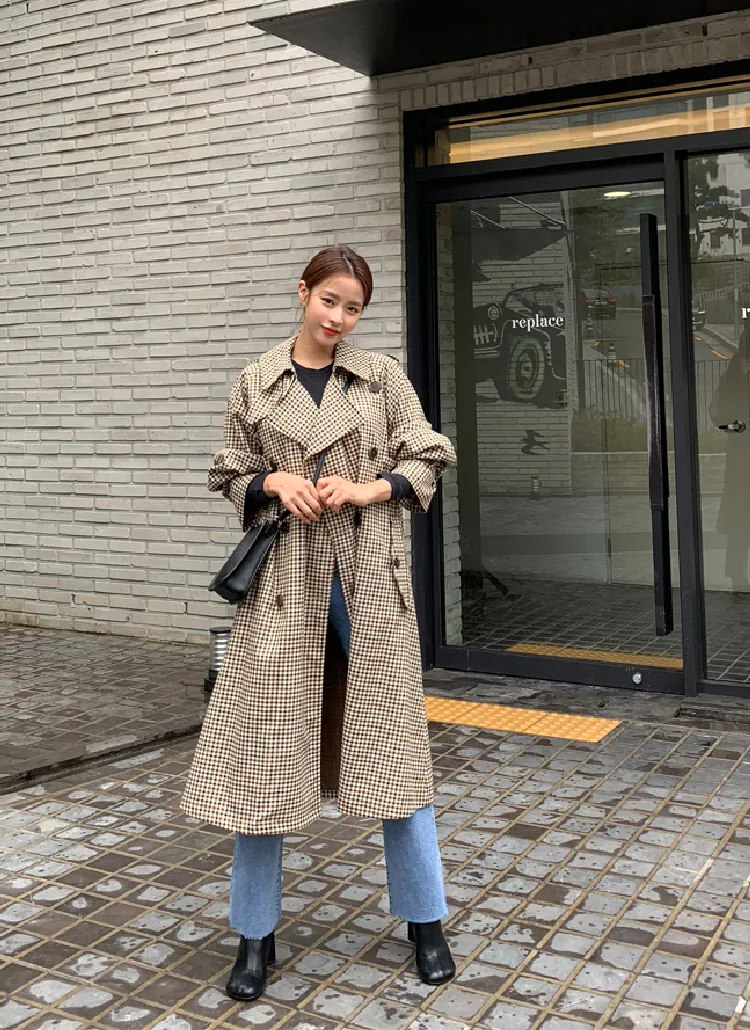 チェック柄ロングトレンチコート | レディースファッション通販 - DHOLIC 