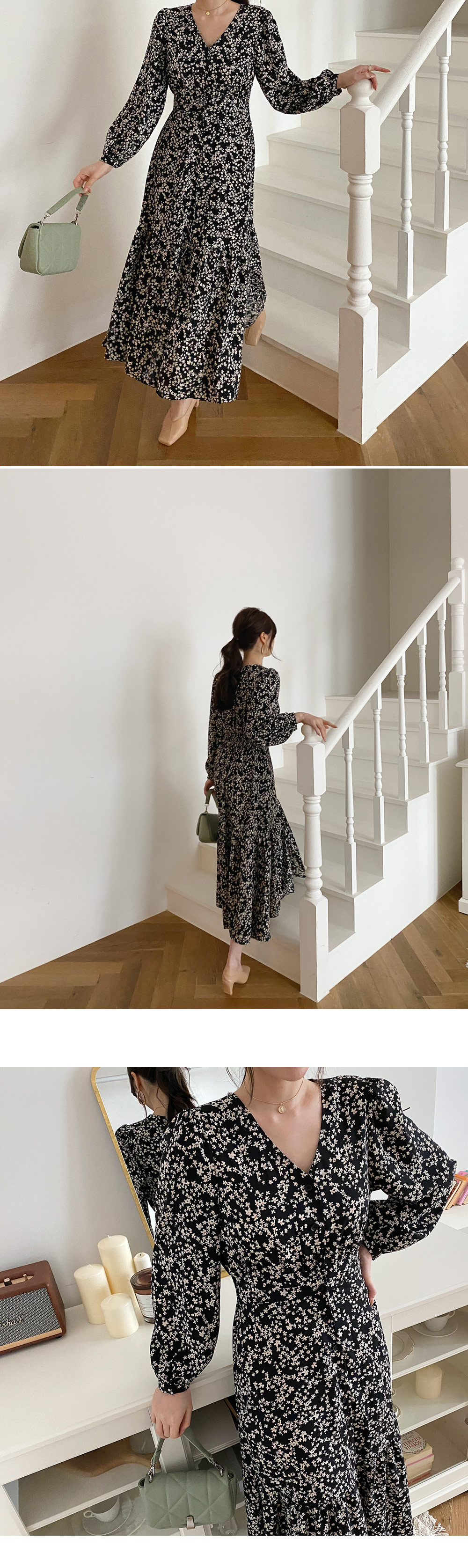 Vネックボタン花柄ワンピース・全3色 | レディースファッション通販