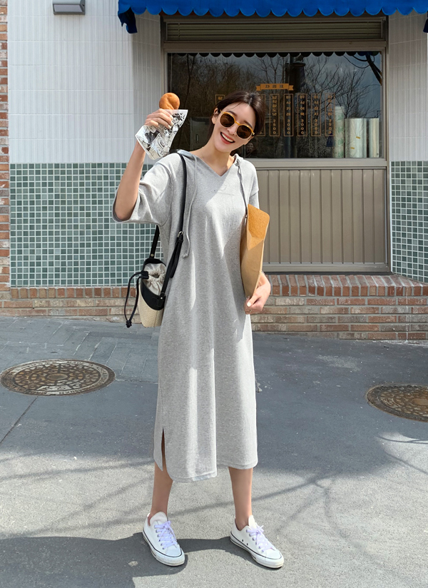 スリットヘムフードパーカー無地シンプルベーシックロングワンピース春夏秋 ワンピース ロングワンピース Mayblue メイブルー ファッション総合通販 Dholic