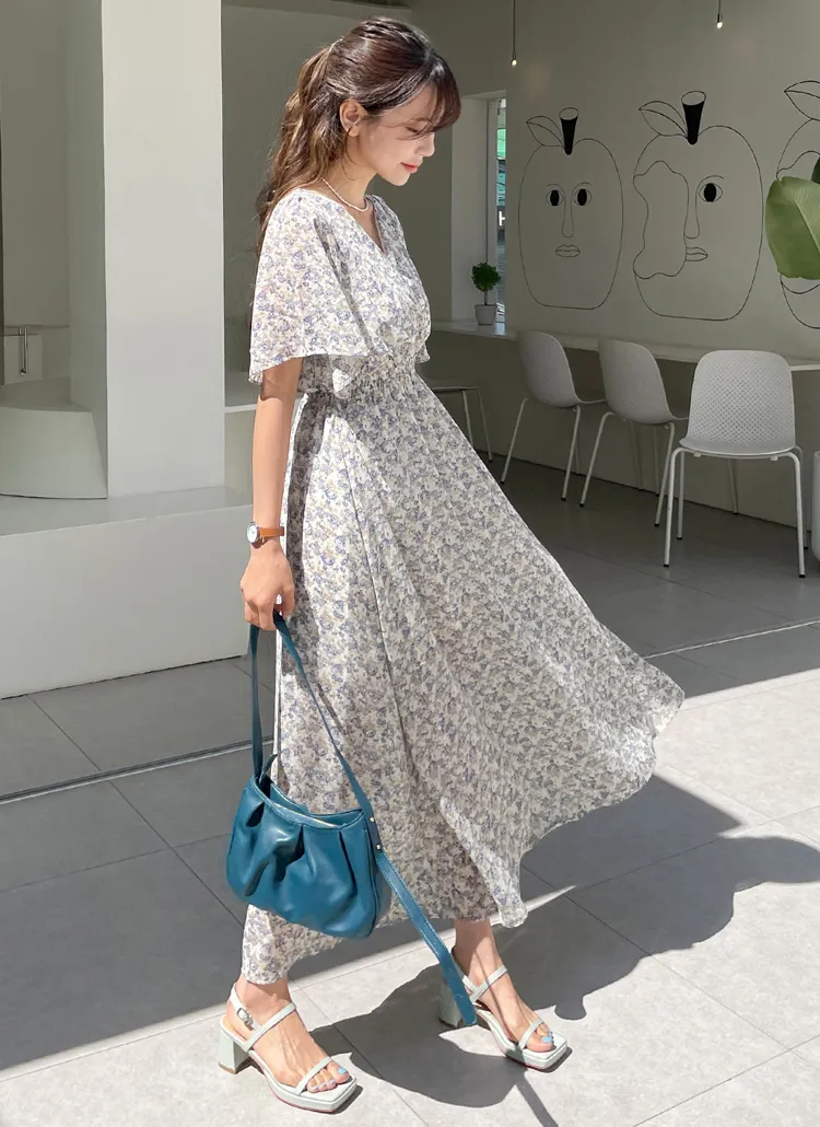 ワンピース】花柄シフォン ロング丈 夏 ボタン リボン付き 15 （楽天  