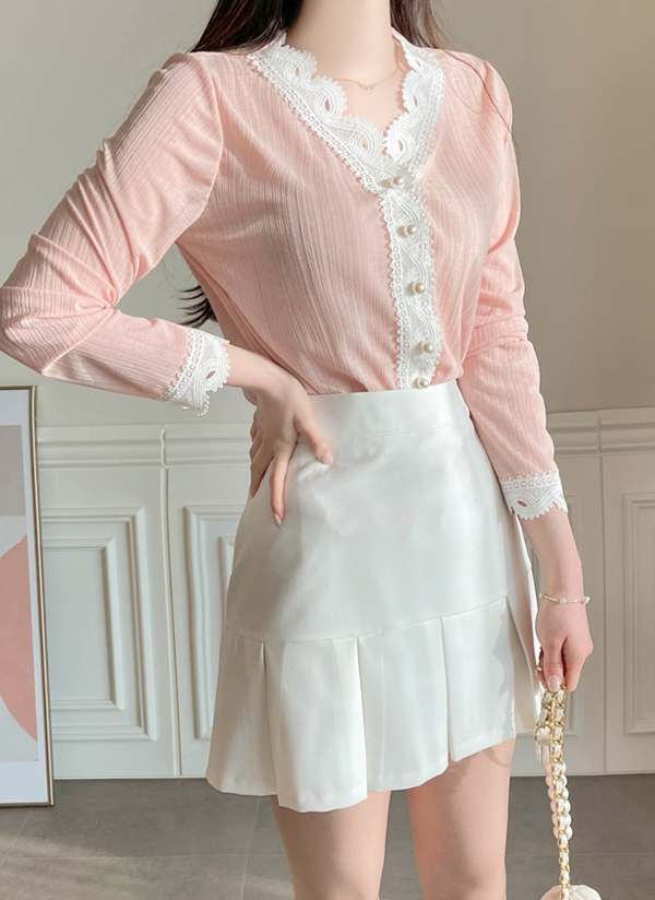 配色vネックパターンレースネックブラウス春秋冬 ブラウス ブラウス Fiona フィオナ ファッション総合通販 Dholic