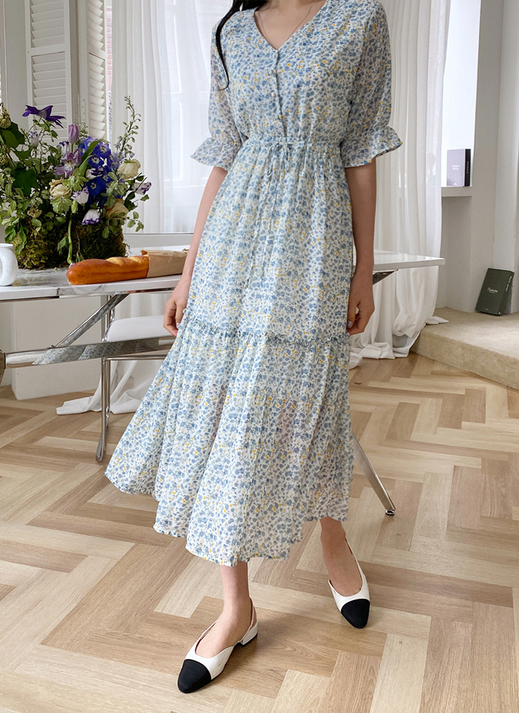 DVF 花柄ロングワンピース 長袖 Vネック Lace Ladies（レースレディース） ワンピース 花柄フレア 長袖 Vネック