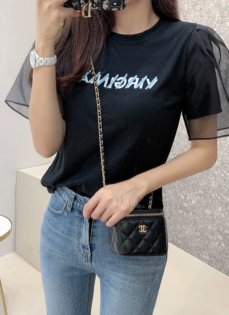 チュールスリーブレタリングTシャツ | minagram | 詳細画像1