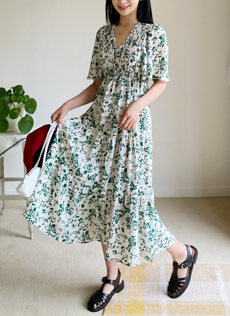 Vネック花柄フラワーフローラルシャーリングギャザーロングワンピース春夏秋 ワンピース ロング Dholic Ladies ディーホリックレディース ファッション総合通販 Dholic