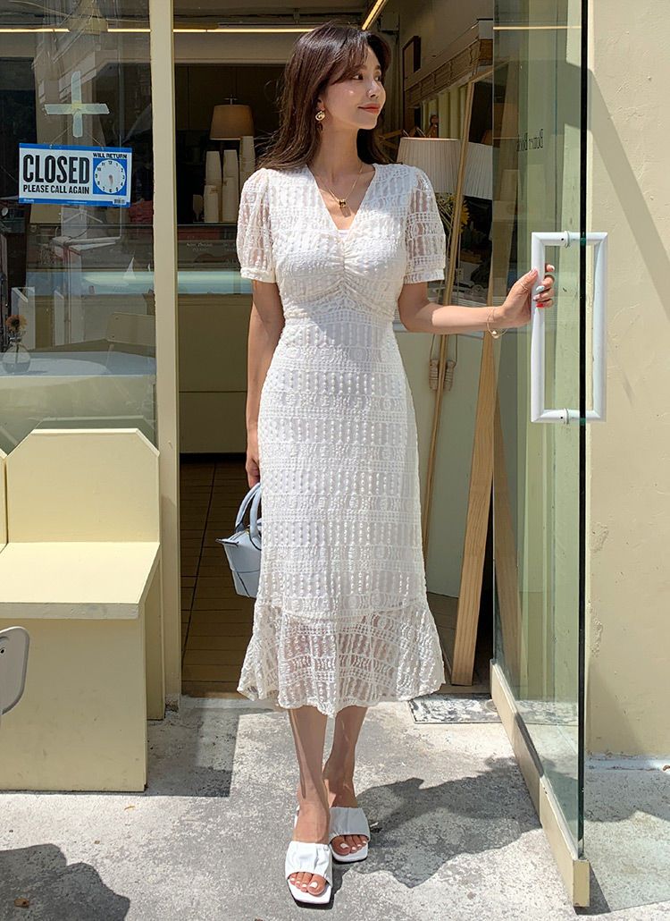 レースギャザースリムマーメイドフレアヘムvネックロングワンピース春夏秋 ワンピース ロング Dholic Ladies ディーホリックレディース ファッション総合通販 Dholic