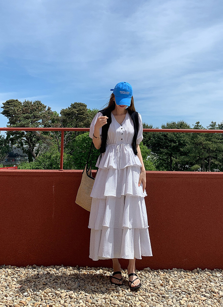 Vネックドットパターンティアード半袖パフボタンドロストフレアワンピース春夏秋 ワンピース ロングワンピース Yansae ヤンセ ファッション総合通販 Dholic