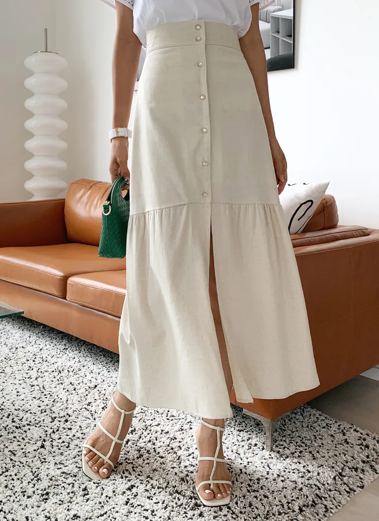 リネン混ギャザーボタンスカート・全2色 | レディースファッション通販  