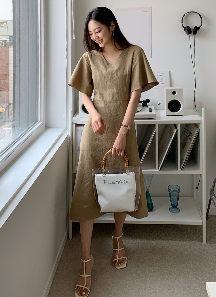 リネン混vネックフレアスリーブ半袖aラインロングワンピース春夏秋 ワンピース ロング Dholic Ladies ディーホリックレディース ファッション総合通販 Dholic
