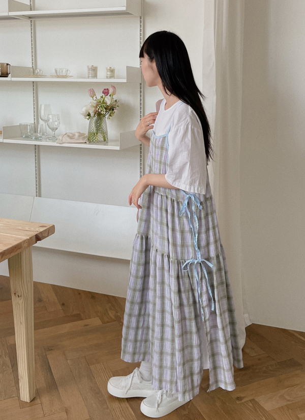 ANDMARY チェック柄キャミワンピース・サイドリボン付き 即納】サイド