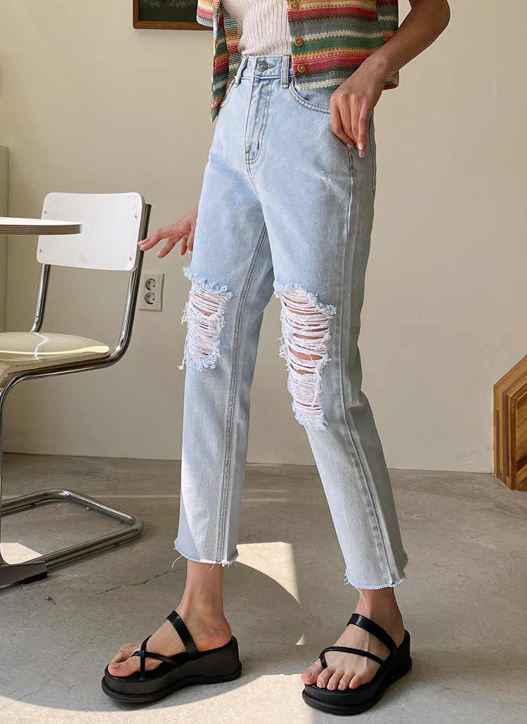 ダメージデニムスリムストレートライトブルーパンツ春夏秋 ジーンズ デニム Dholic Ladies ディーホリックレディース ファッション総合通販 Dholic