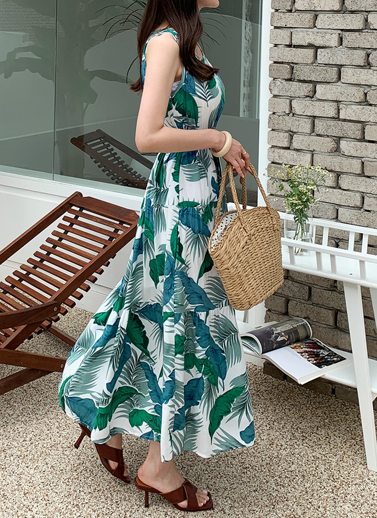 リーフ柄ノースリスリーブレスフレアaラインワンピース春夏秋 ワンピース ロング Dholic Ladies ディーホリックレディース ファッション総合通販 Dholic